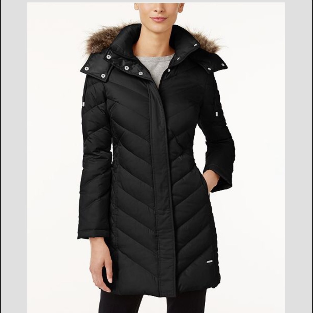 Faux Fur Trim Chevron Quilted Coat